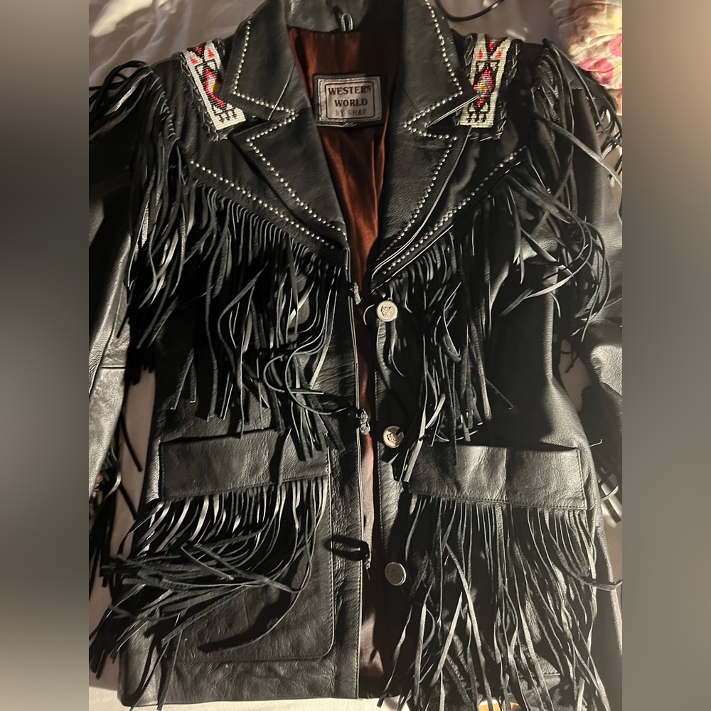 Western World by Shaf Vintage Black Leather Jacket with Fringe Tassels & Beaded - Picture 8 of 10